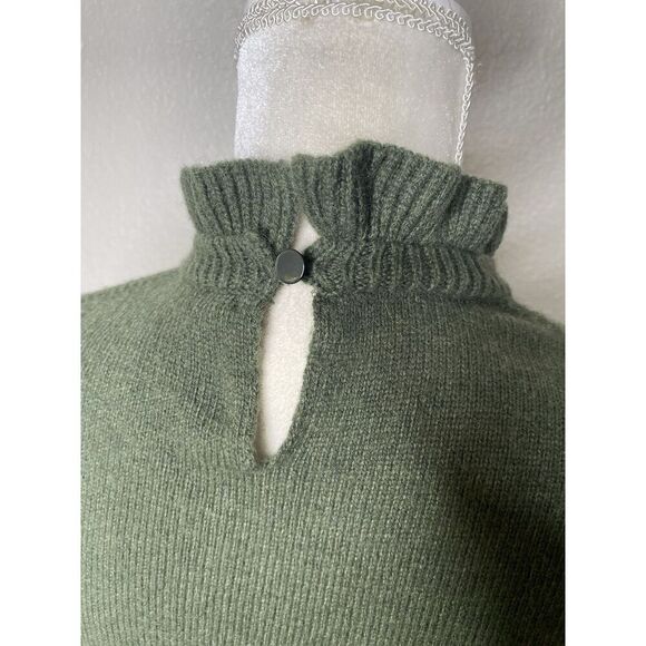 J.Crew Size S Lambs Wool Blend Sweater Turtleneck Ruffle Fitted Dark Olive Green - Picture 2 of 8